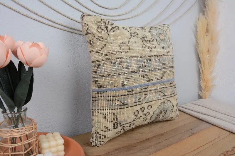 Turkish Pillow, Vintage Pillow, Decorative Bolster Cushion Cover, Pillow, Home Decor Pillow, 18x18 Beige Pillow, Boho Throw Cushion Cover - 1