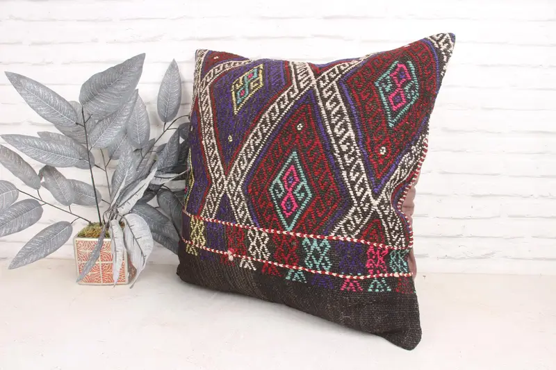 Cushion, Boho Pillow Sham Cover, Floor Pillow Cover, Outdoor Bolster Pillow, 24x24 Purple Pillow, Kilim Pillow Cover, Pillow for Couch - 4