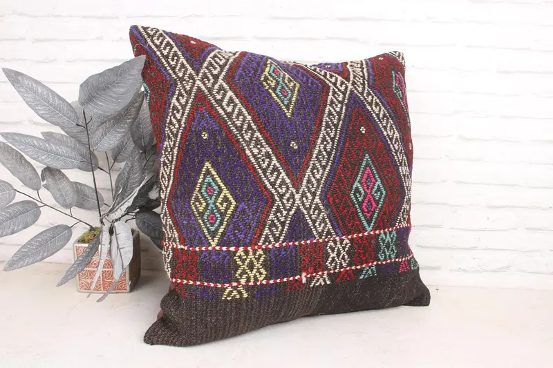 Cushion, Boho Pillow Sham Cover, Floor Pillow Cover, Outdoor Bolster Pillow, 24x24 Purple Pillow, Kilim Pillow Cover, Pillow for Couch - 3