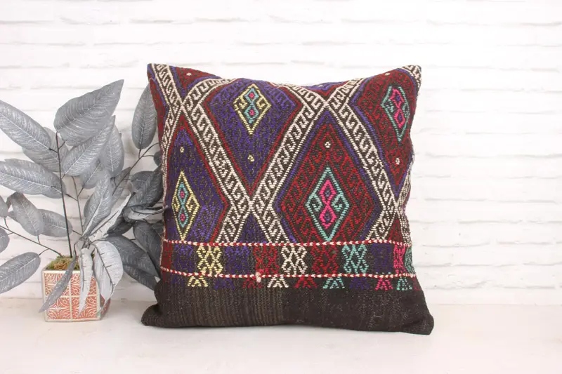 Cushion, Boho Pillow Sham Cover, Floor Pillow Cover, Outdoor Bolster Pillow, 24x24 Purple Pillow, Kilim Pillow Cover, Pillow for Couch - 1