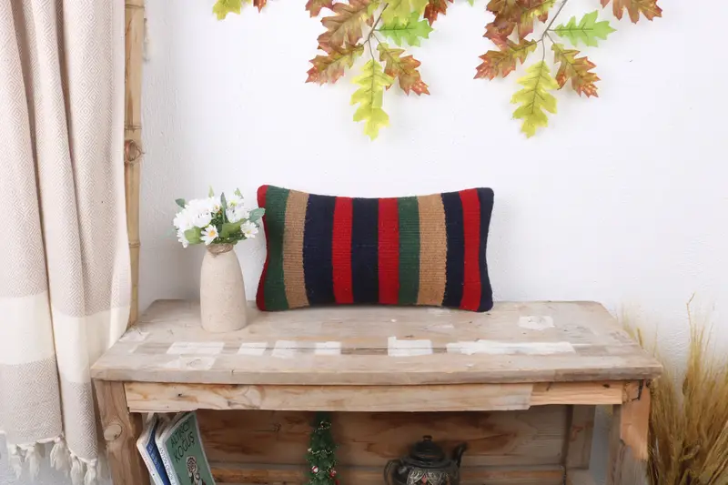 Turkish Pillow, Kilim Pillow Cover, Cushion, Boho Pillow Sham Cover, Office Chair Cushion Case, 8x16 Red Cushion, Chair Pillow Sham - 1
