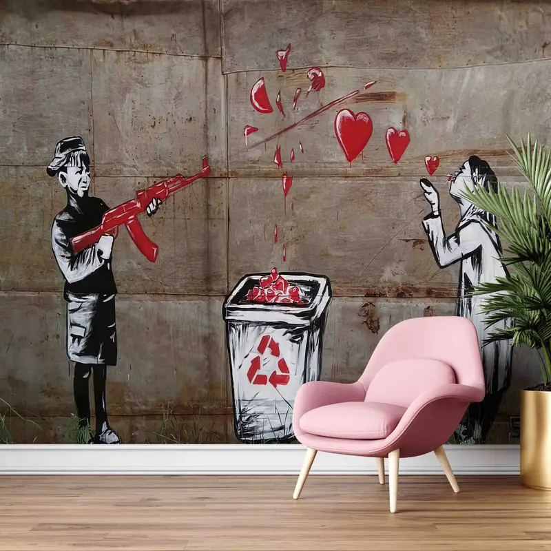 Gedruckte, von Banksy inspirierte Tapete: Kunst, Graffiti und urbane Eleganz