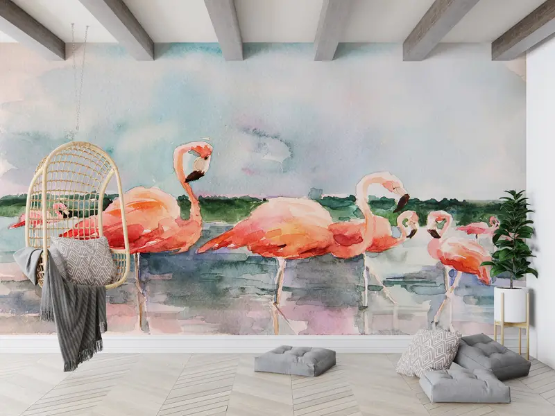 Baskılı Tropikal Flamingo Duvar Kağıdı: Zarif Suluboya Dekor