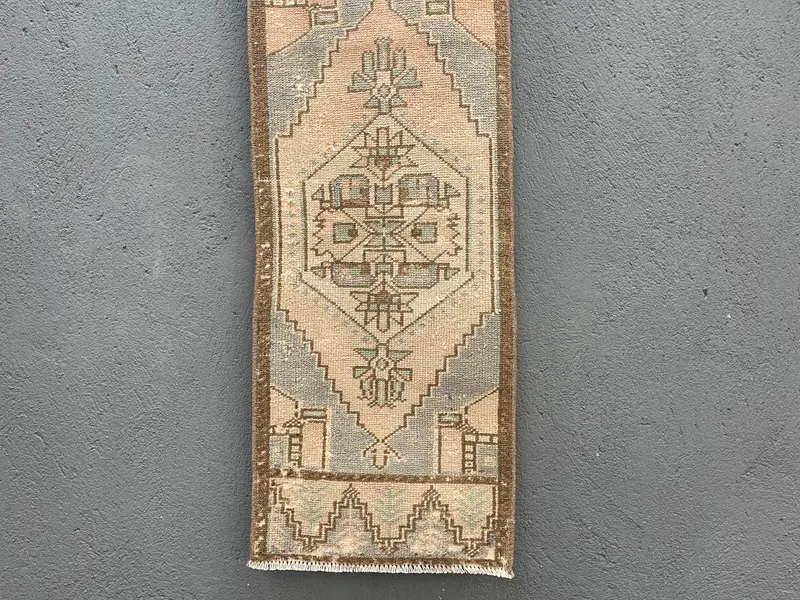 Vintage 1.3x3.5 ft Rug, Small Turkish Rug, Brown Gray Moroccan Wool Rug - 1
