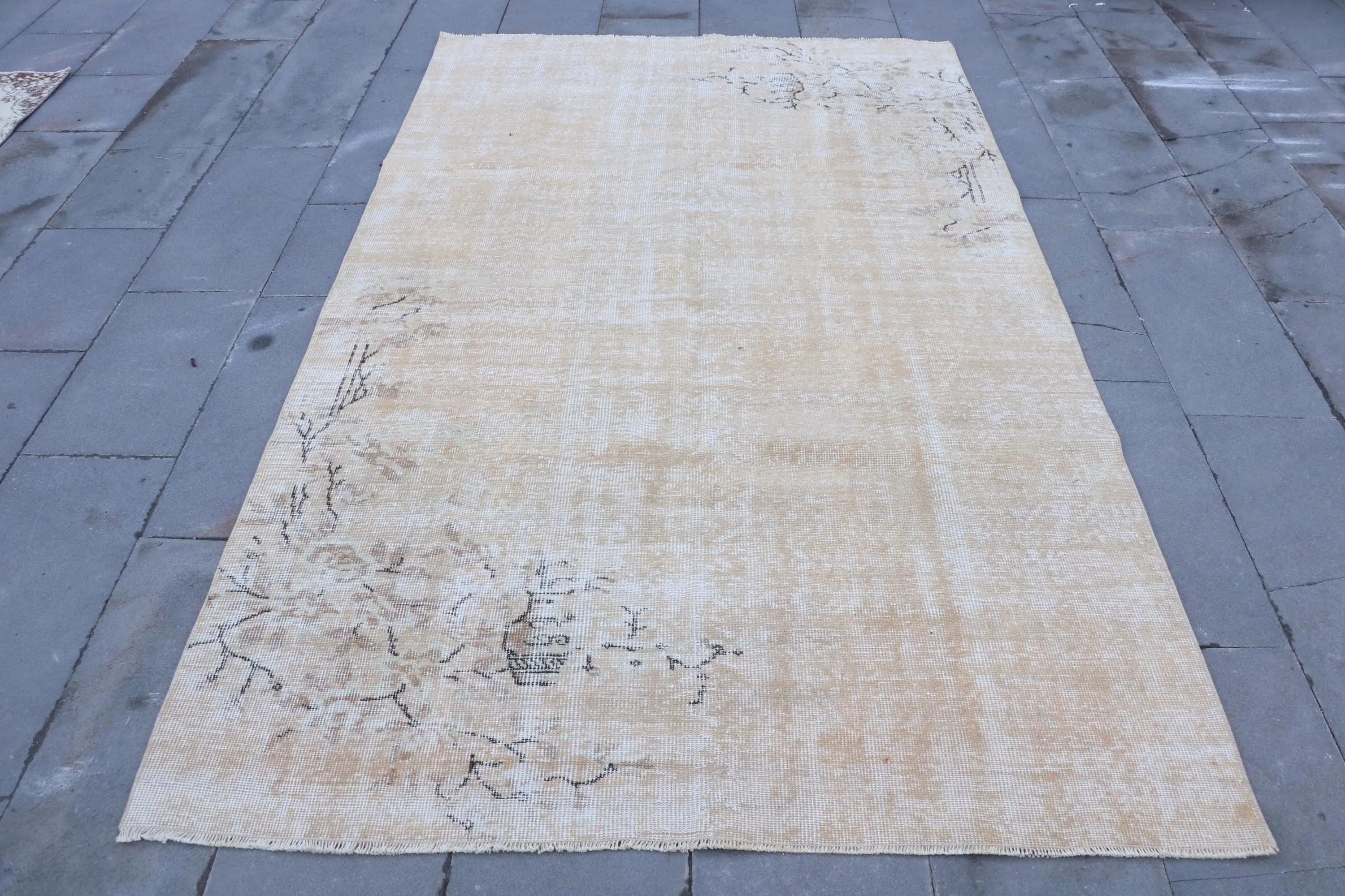 Türk Büyük Halı 4.9x8.2 ft, Vintage Bej Çizgili Yün Halı - 1