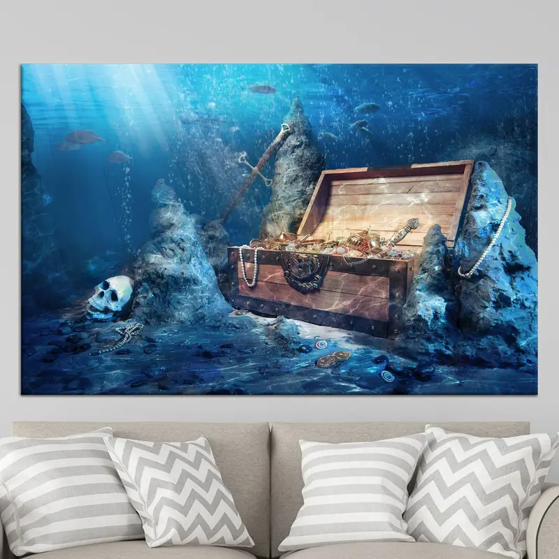 Underwater View Print, Canvas Wall Art, Ocean Canvas, Kids Room Decor, Modern Wall Art, Pirates Canvas, Treasure Chest, Abstract Wall Decor, - 1