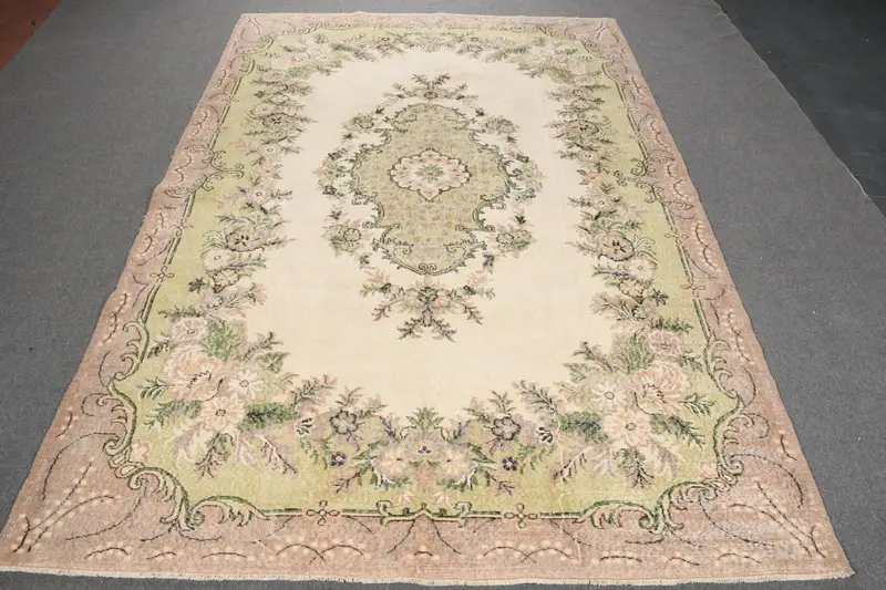 Turkish Vintage Rug, 7.1x10.3 ft Oversize Rug, Green Oushak Floral Rug - 1
