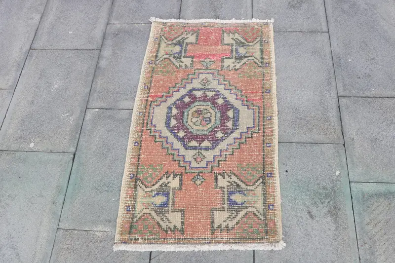Vintage Rug, 1.6x2.9 ft Turkish Rug, Red Blue Camouflage Wool Rug - 1