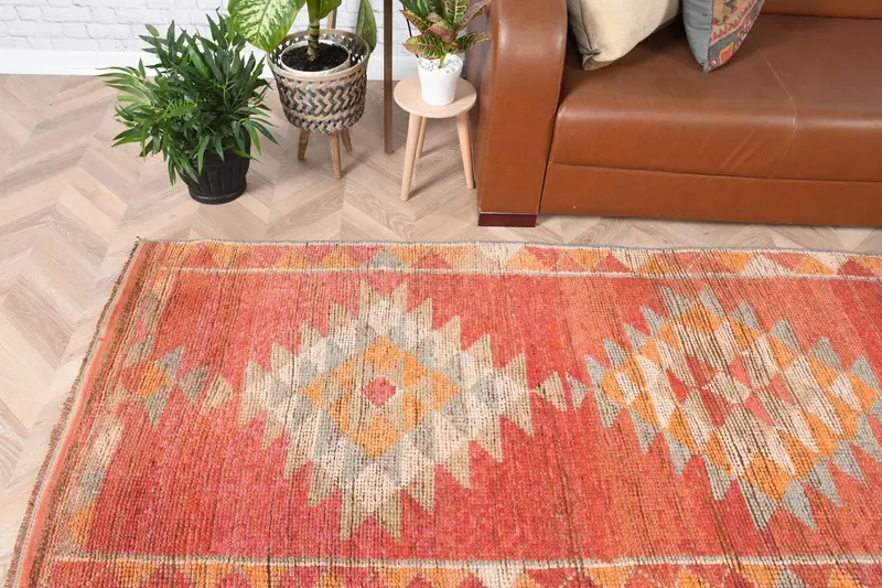 Türkischer Vintage-Läuferteppich, 3,1 x 11,2 Fuß, rot-orange gepunkteter Wollteppich - 1