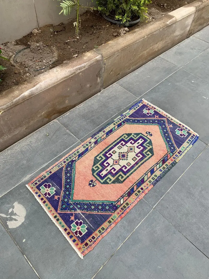 1.6x3.4 ft Vintage Halı, Türk Küçük Halı, Mavi Turuncu Çizgili Halı - 1