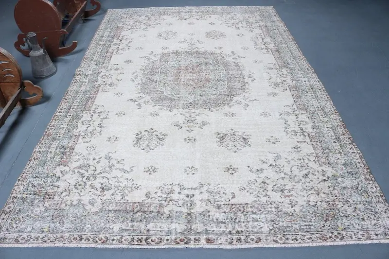 6.4x9.9 ft Vintage Rug, Turkish Large Rug, White Blue Floral Rug - 1