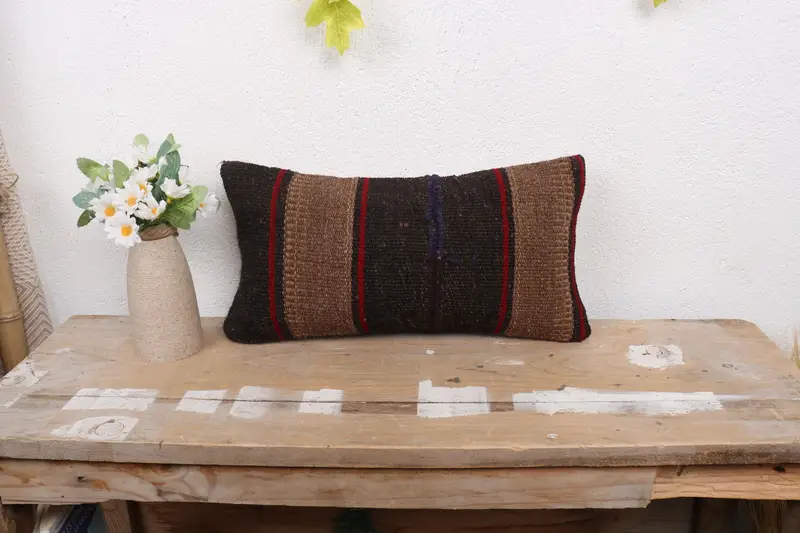 Boho Chic Pillow Cover, Nomadic Pillow, Gift Pillow, Cushion Cover, Home Decor Pillow, Ottoman Pillow, Turkish Pillow, 8x16 Brown Cushion Case - 1