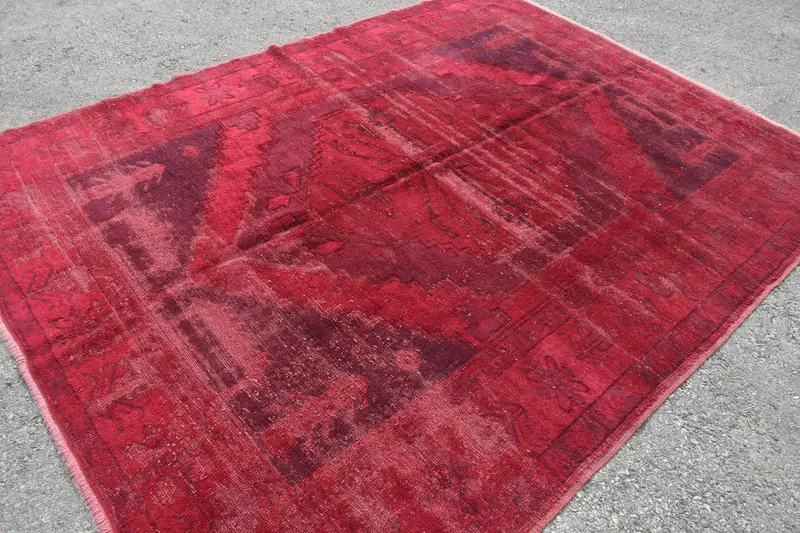 Alfombra turca grande de 6,9x9,2 pies, alfombra vintage, alfombra de lana de lunares púrpura rojo - 1