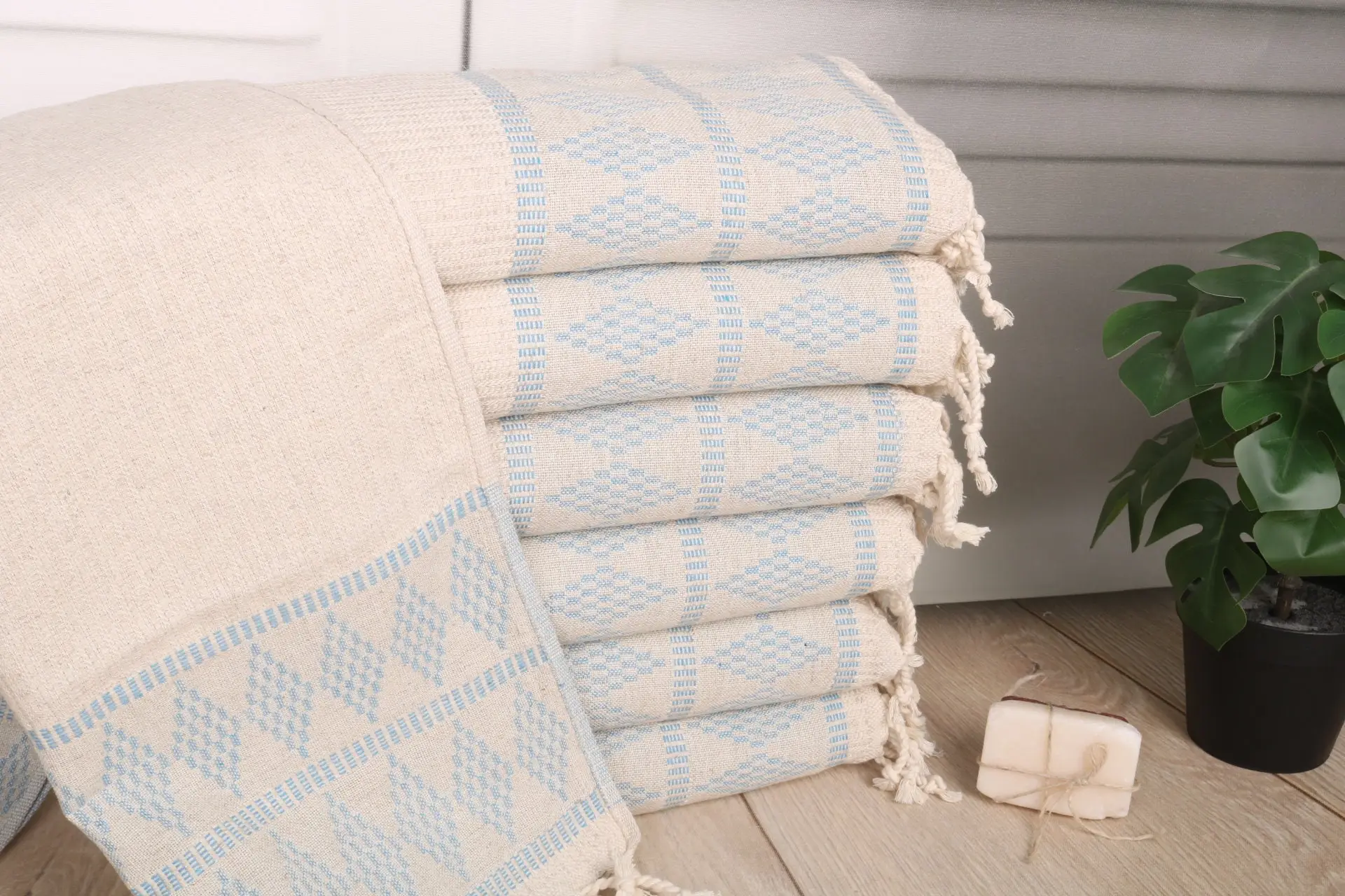 Turquoise Linen Tea Towel Monogrammed, 40x20 Inches - 1