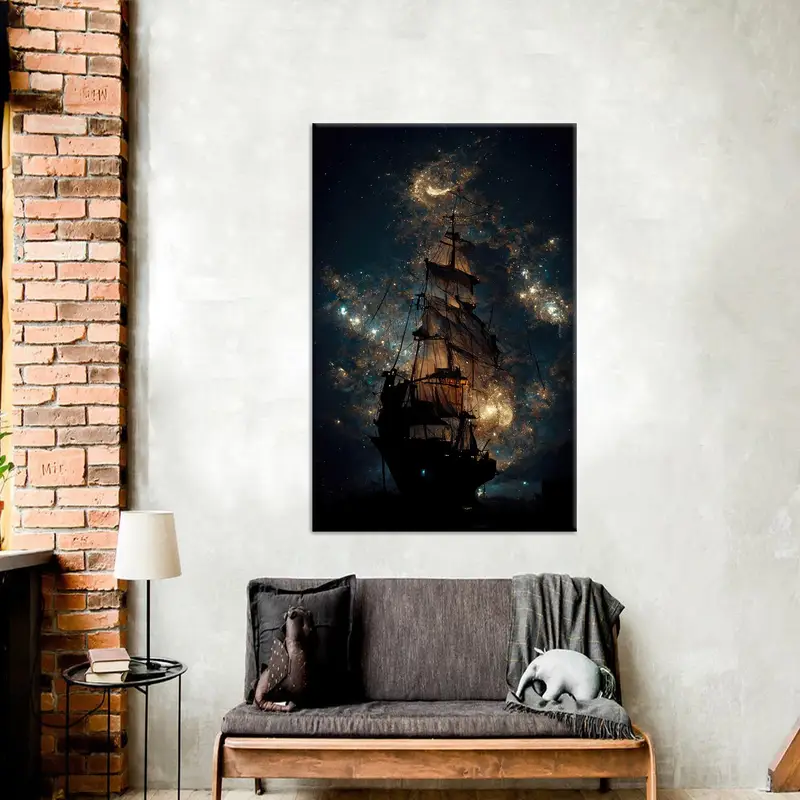 Eleganter abstrakter Leinwanddruck mit Piratenschiff für trendige Bürodekoration