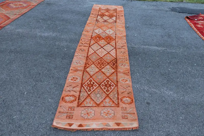 Turkish Vintage Runner Rug 2.6x12 ft, Orange Brown Ombré Wool Rug - 1