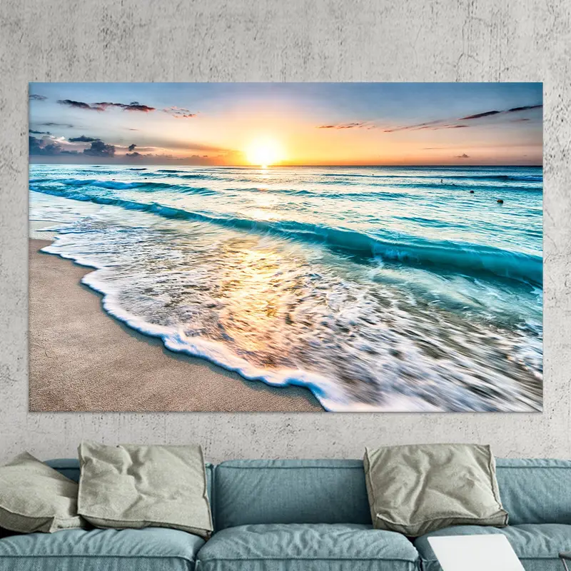 サンセット シースケープ キャンバス: 鮮やかなビーチ風景アート プリント