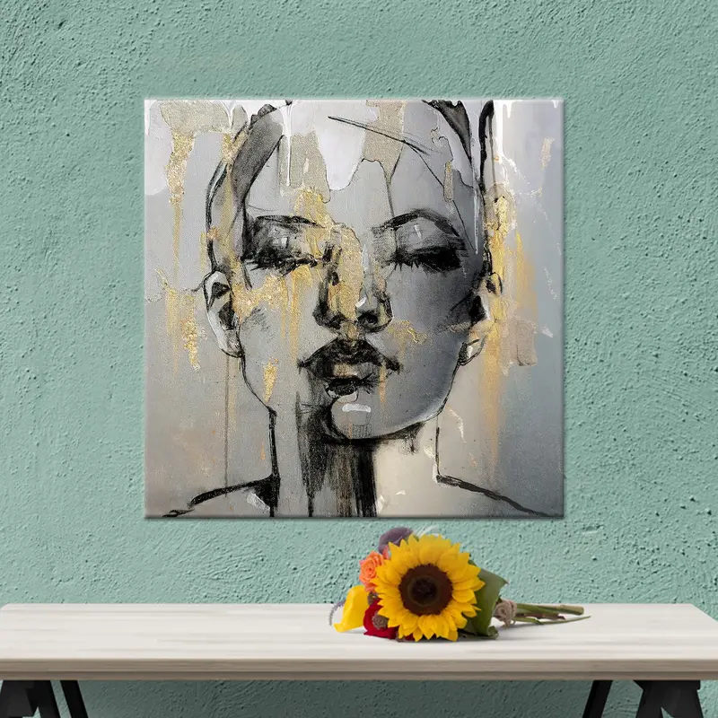 Lüks Altın Kadın Soyut Portre Baskılı Kanvas Tablo