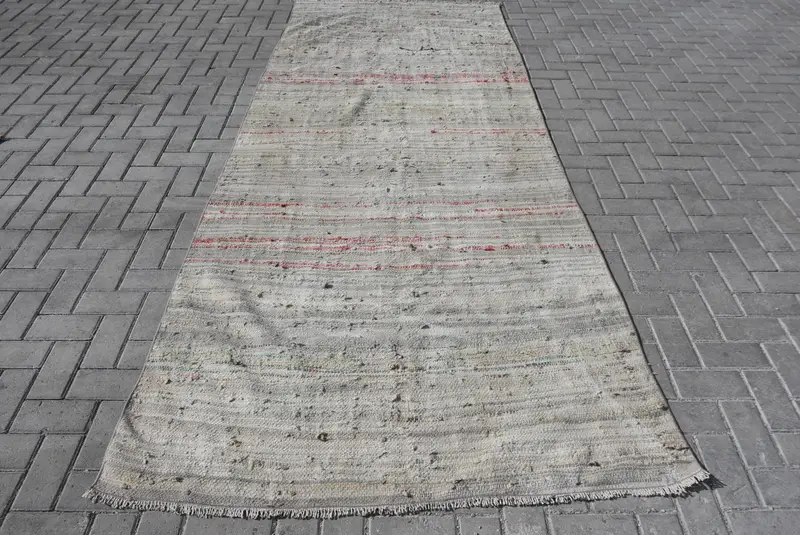 Türk Vintage Yolluk Halısı 4.2x10.8 ft (127x328 cm), Gri Bitkiler ve ağaçlar Kilim Halı - 1