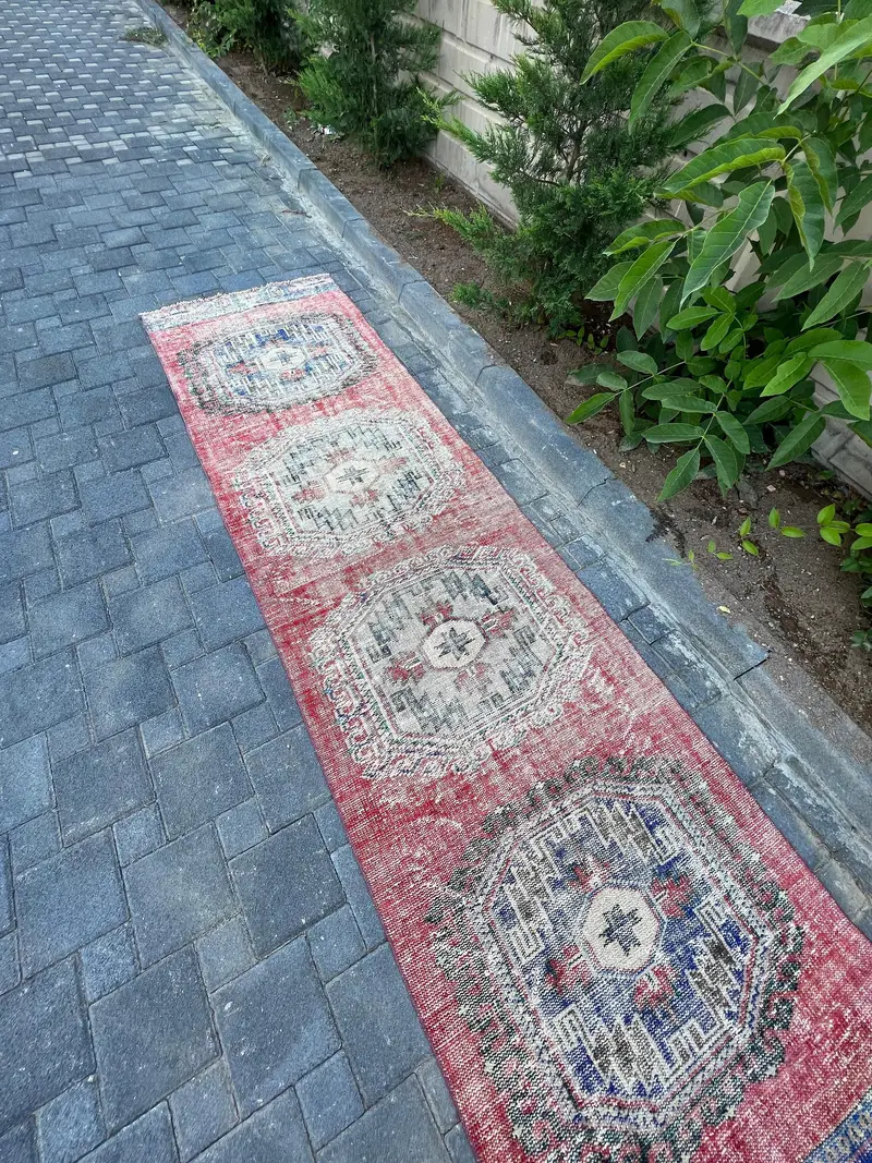Vintage Turkish Rug, 2.9x11 ft Runner Rug, Red Blue Solid Rug - 1