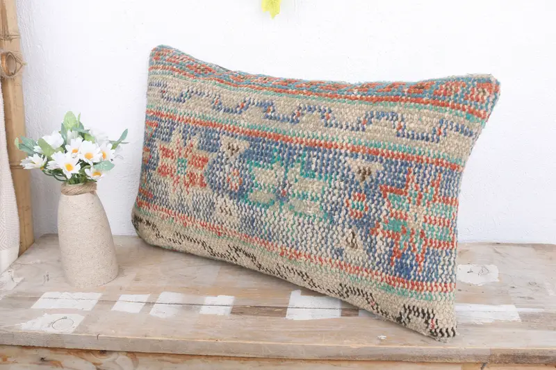 Antique Pillows, Gift Pillow, Vintage Pillow, Handwoven Cushion, Kilim Cushion Sham, 12x20 Blue Pillow Case, Oriental Pillow, Pillow Case - 4