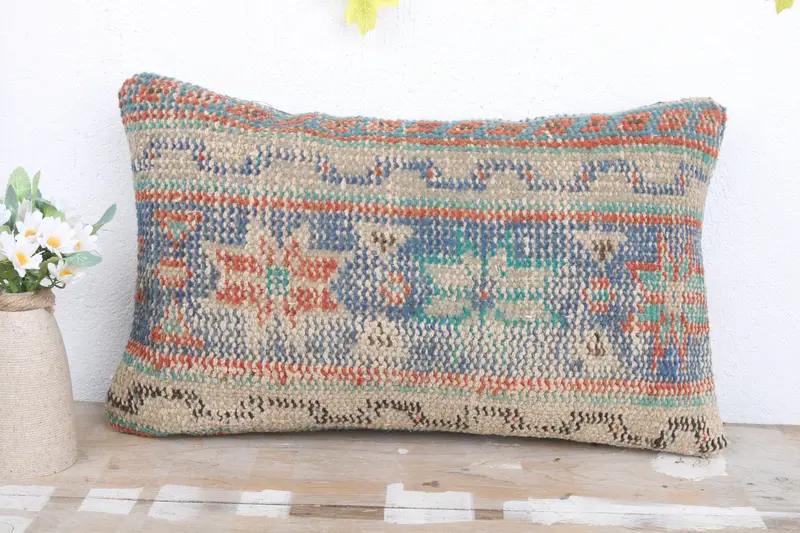 Antique Pillows, Gift Pillow, Vintage Pillow, Handwoven Cushion, Kilim Cushion Sham, 12x20 Blue Pillow Case, Oriental Pillow, Pillow Case - 2