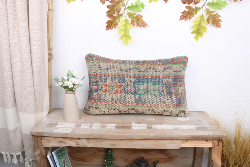 Antique Pillows, Gift Pillow, Vintage Pillow, Handwoven Cushion, Kilim Cushion Sham, 12x20 Blue Pillow Case, Oriental Pillow, Pillow Case - 1