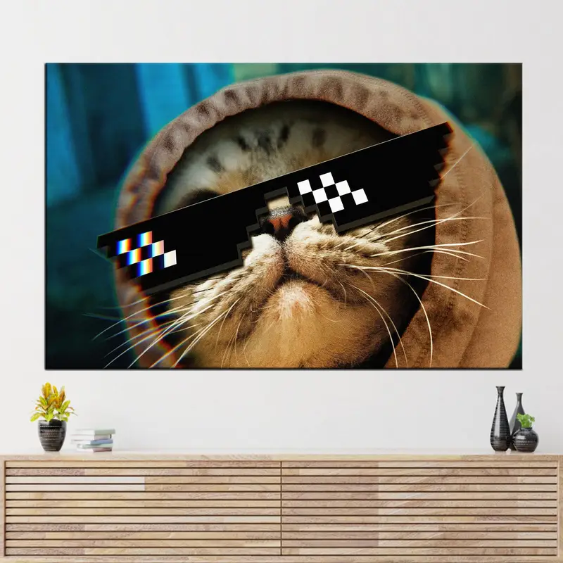 Künstlerische Katzenleinwand: Hut, Brille, Thug Life, einzigartiges Design