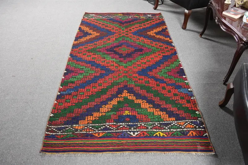 Turkish 3.7x7.1 ft Rug, Kilim Vintage Rug, Red Floral Wool Rug - 1