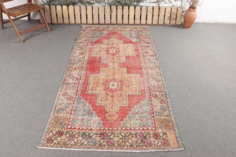 Handmade Red Floral Rug, 4,2x8,1 ft Elegant Decor