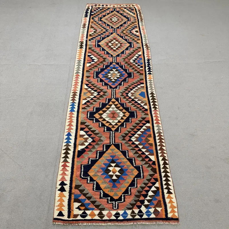 Blue & Orange Check Rug, 3x10.6 ft Chic Decor