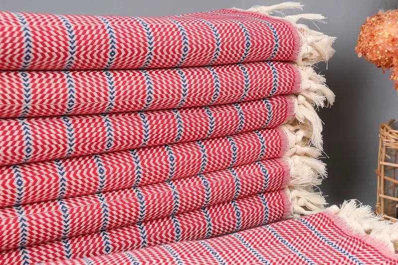 Monogrammed Beach Towel Red-Navy Blue Striped, Organic Cotton, 40x71 Inches