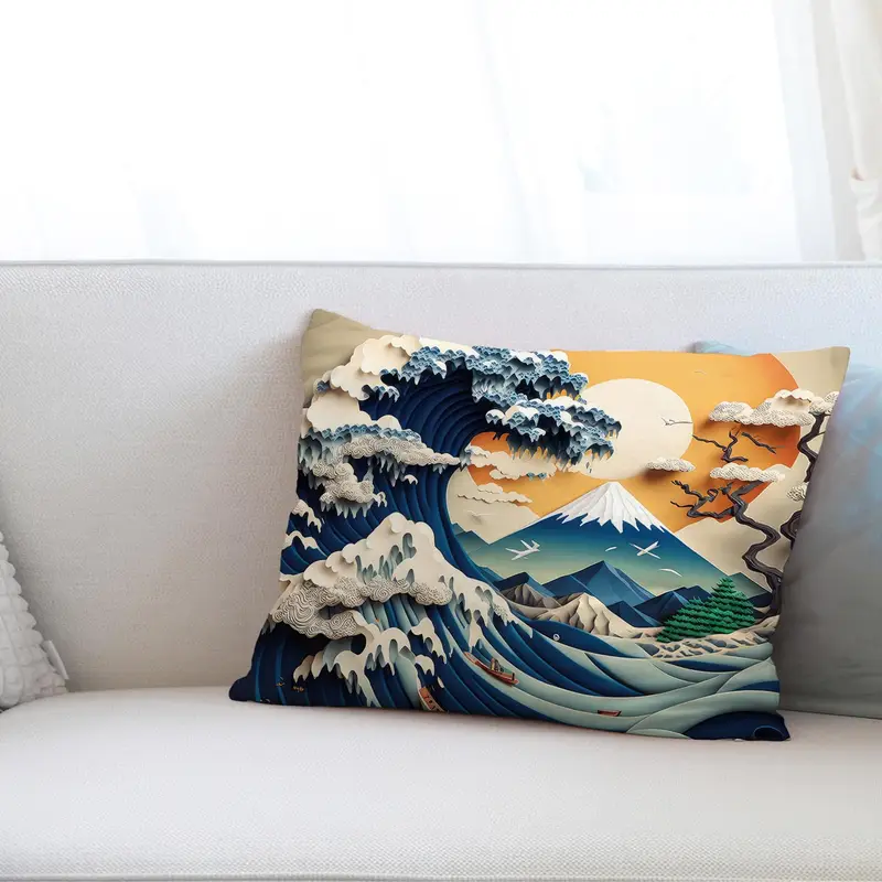 Almohada impresa Hokusai Wave: decoración del hogar del paisaje marino japonés