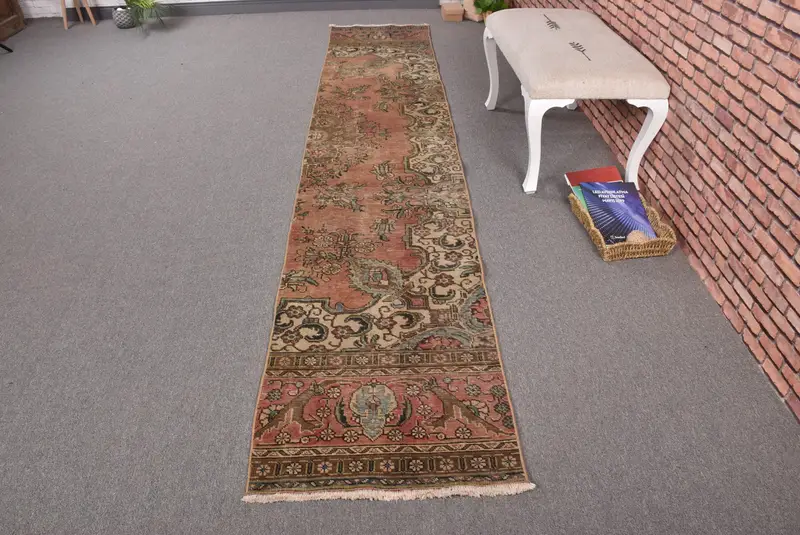 2.1x11.6 ft Turkish Vintage Rug, Runner Rug, Red Brown Abstract Wool Rug - 1