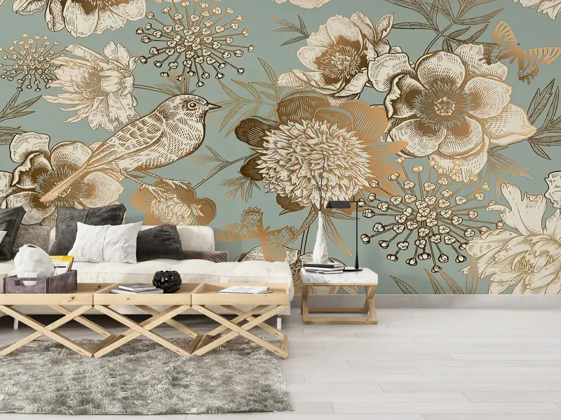 植物の壁印刷、ファッション壁紙、黄金の花の壁紙、モダンな壁画、花柄の壁紙、ビンテージの壁紙、 - 4