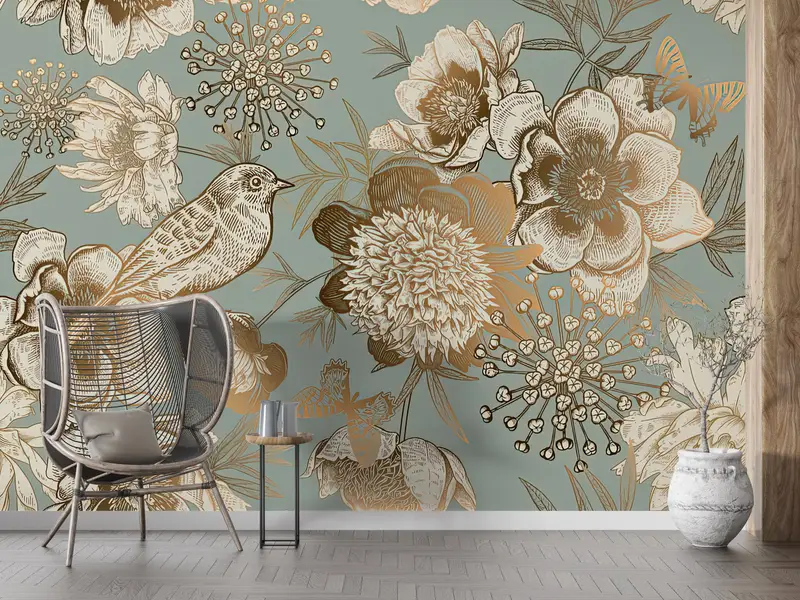 植物の壁印刷、ファッション壁紙、黄金の花の壁紙、モダンな壁画、花柄の壁紙、ビンテージの壁紙、 - 3
