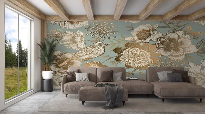 植物の壁印刷、ファッション壁紙、黄金の花の壁紙、モダンな壁画、花柄の壁紙、ビンテージの壁紙、 - 10