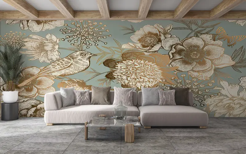 植物の壁印刷、ファッション壁紙、黄金の花の壁紙、モダンな壁画、花柄の壁紙、ビンテージの壁紙、 - 9
