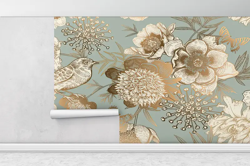 植物の壁印刷、ファッション壁紙、黄金の花の壁紙、モダンな壁画、花柄の壁紙、ビンテージの壁紙、 - 1