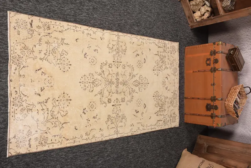 3.5x6.7 ft Halı, Accent Vintage Halı, Bej Oushak Çiçekli Halı - 1