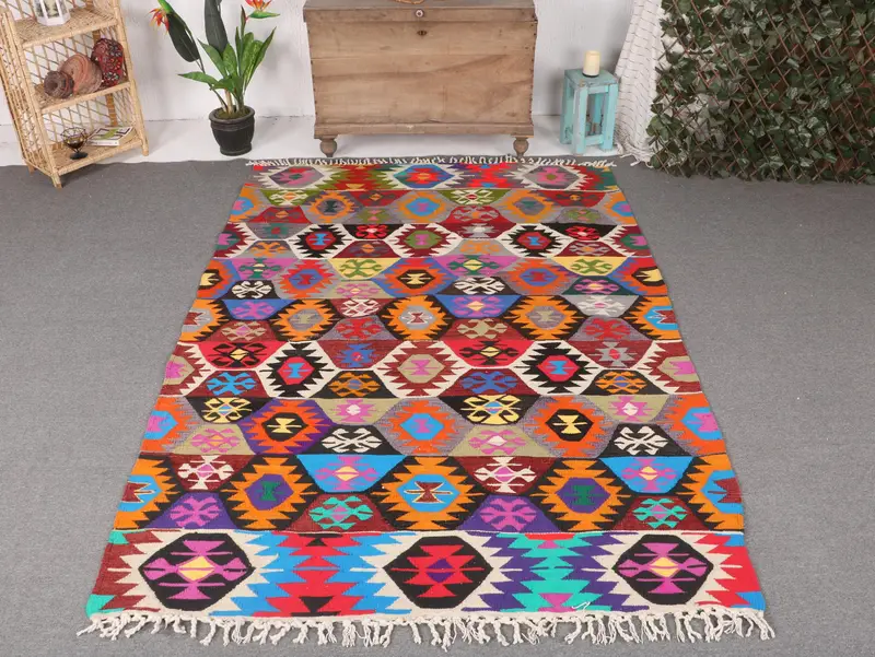 Vibrant Rainbow Rug, Geometric & Floral 5.5x8.1 ft