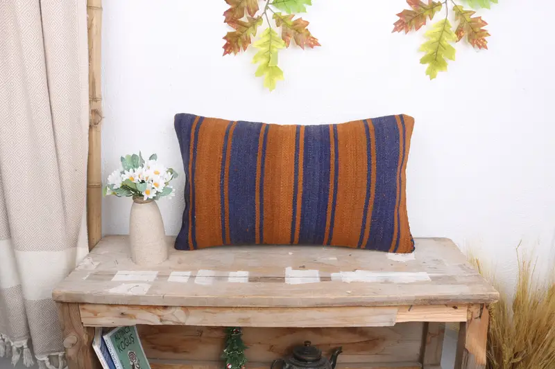 Vintage Pillow, Outdoor Cushion, 12x20 Blue Pillow Case, Kilim Cushion Sham, Pillow Sham, Custom Cushion Case, Ethnical Kilim Rug Pillow - 1