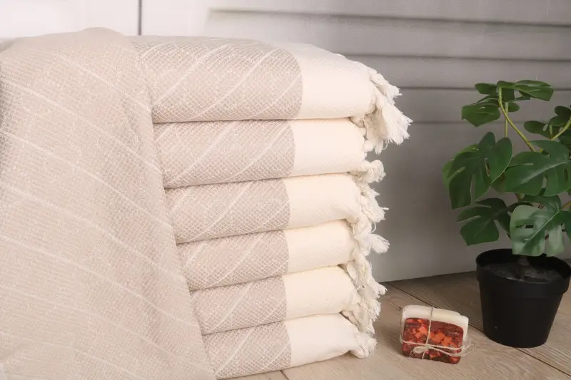 Turkish Tea Towel Light Beige Cotton Dish Towel Geometric, 36x18 Inches