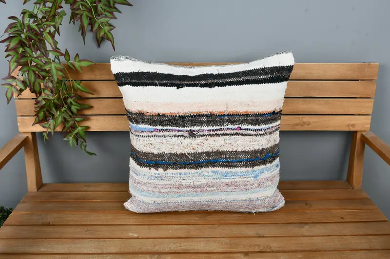 Ethnical Kilim Rug Pillow, Antique Pillows, 22x22 White Cushion Cover, Pillow Cover, Nomadic Cushion, Handmade Kilim Cushion, Art Deco Cushion - 6