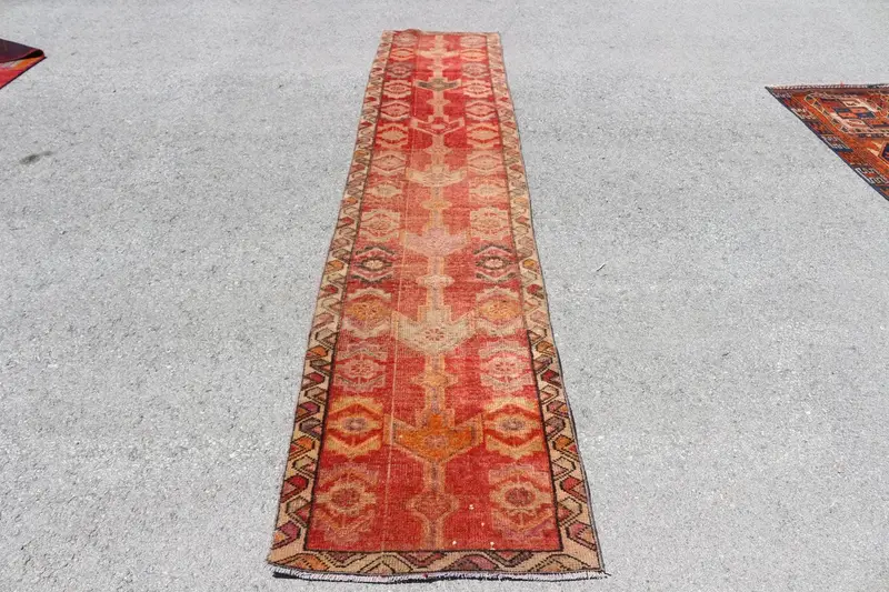 Vintage Runner Rug, 2.2x11.6 ft Turkish Rug, Red Solid Wool Rug - 1