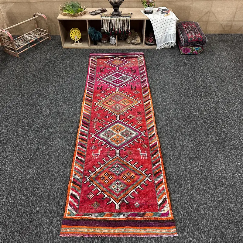 Türk Yolluk Halısı 3.1x9.9 ft, Vintage Herki Kırmızı Çizgili Yün Halı - 1