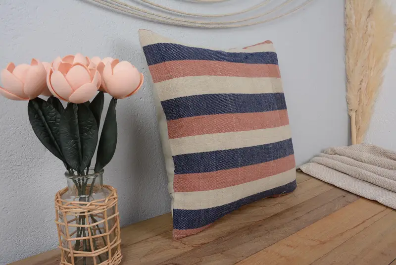 Almohada de tiro a rayas beige y bronce, cojín vintage bordado