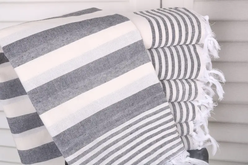 Turkish Towel Beach, Cream-Black Cotton, Striped, 36x67 Inches