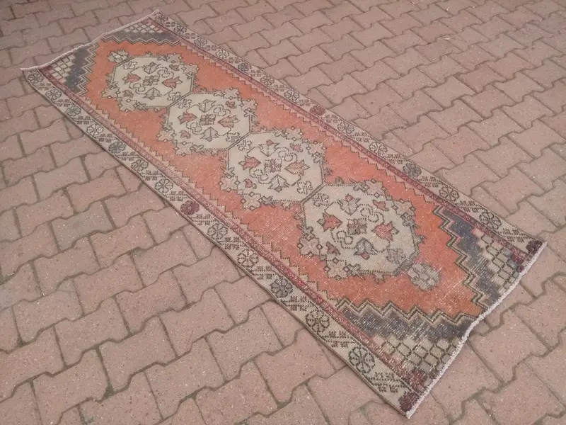 Vintage 2.8x7.5 ft Rug, Runner Turkish Rug, Orange Gray Oriental Rug - 1