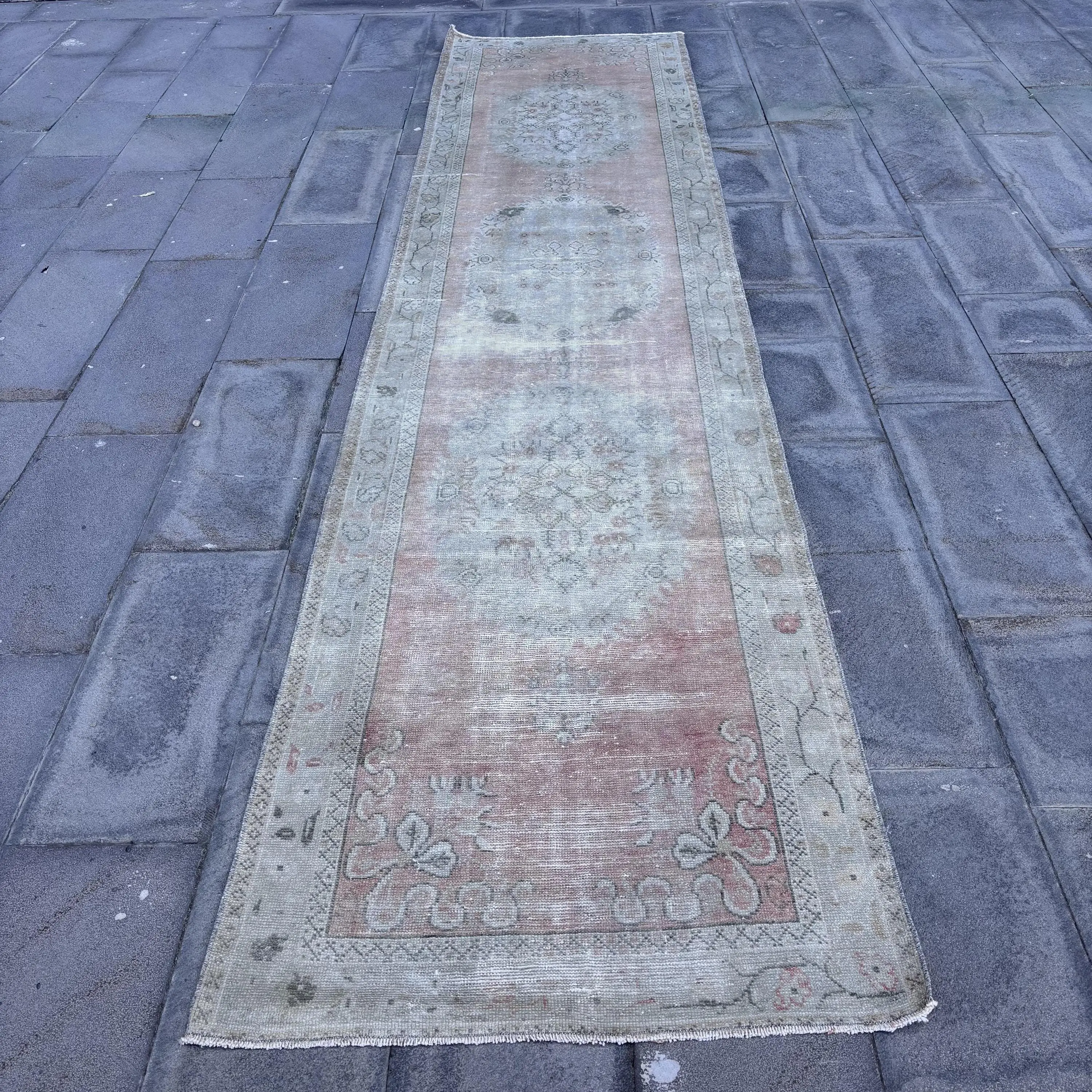 Vintage Turkish Runner Rug 3.1x13 ft, Gray Bordered Rug Wool - 1